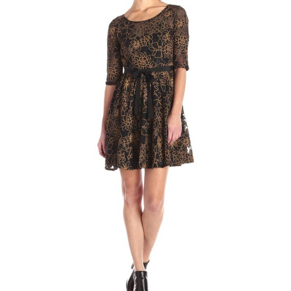 Plenty by Tracy Reese Estella Lace Fit Flare Dress Womens 6 Black Gold Open Back